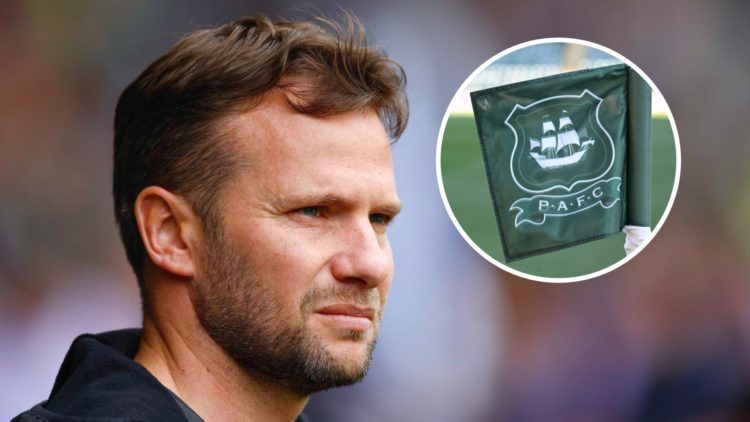 Former Watford FC manager Tom Cleverley reacts during a Championship match. Overlaid, the Plymouth Argyle FC crest on a corner flag