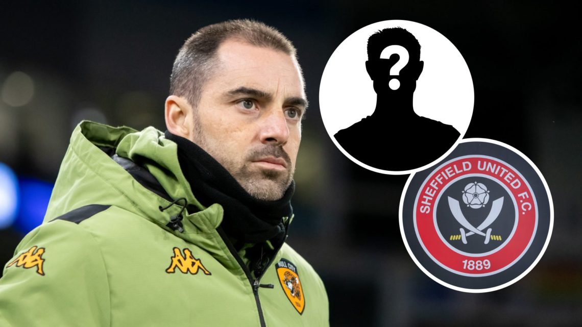 Ruben Selles watches Championship game as Hull City FC manager. Overlaid, the Sheffield United FC badge and a mystery player