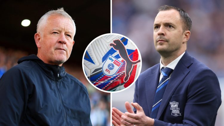 Split image of Sheffield United manager Chris Wilder (L) and Birmingham manager Chris Davies (R). Inset, EFL football.