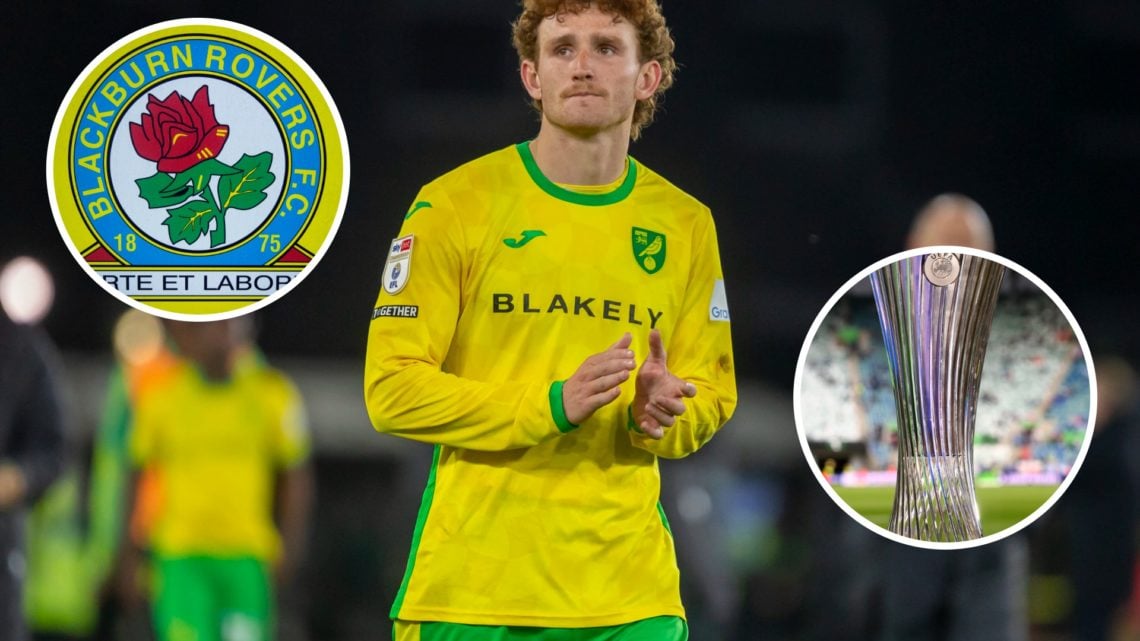 Josh Sargent applauds the Norwich City fans, a generic view of the Blackburn Rovers badge, a generic image of the Conference League trophy