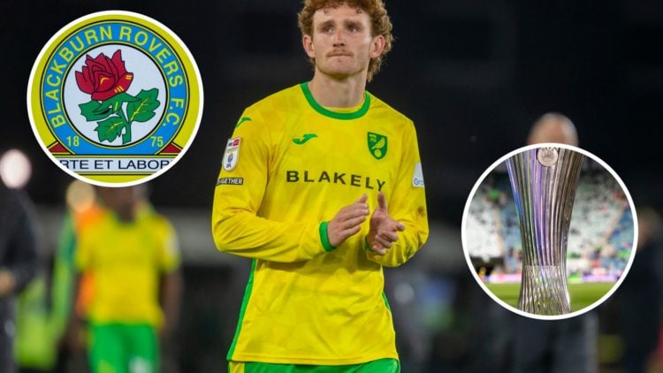 Josh Sargent applauds the Norwich City fans, a generic view of the Blackburn Rovers badge, a generic image of the Conference League trophy