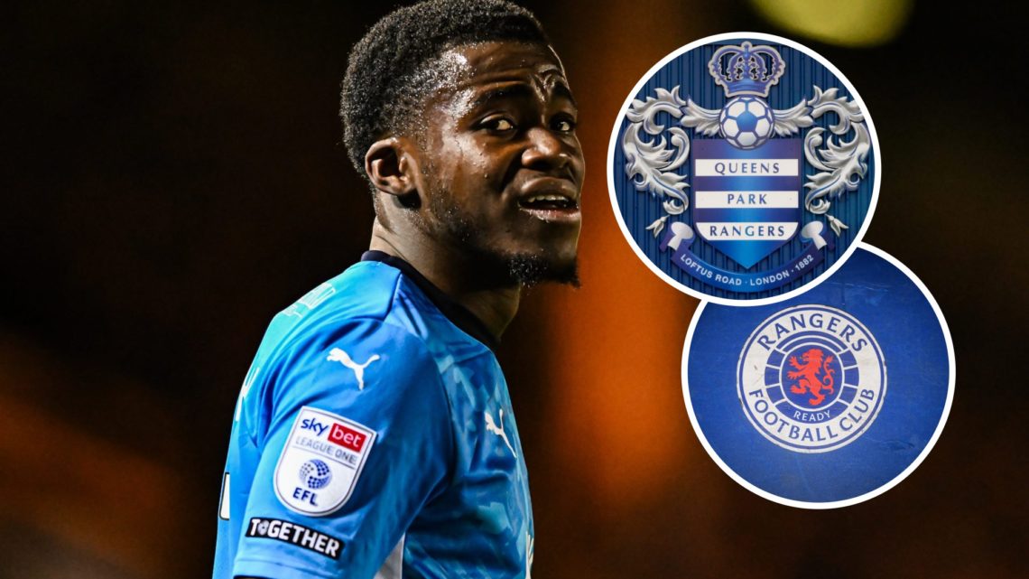 Kwame Poku reacts during League One match for Peterborough United. Overlaid, Queens Park Rangers badge and a Rangers badge