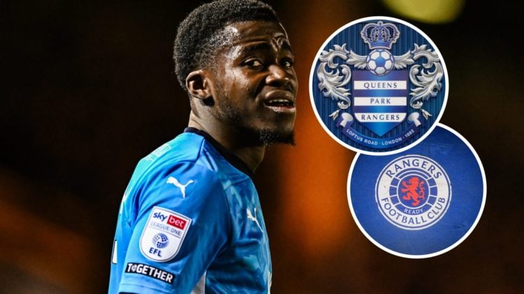 Kwame Poku reacts during League One match for Peterborough United. Overlaid, Queens Park Rangers badge and a Rangers badge