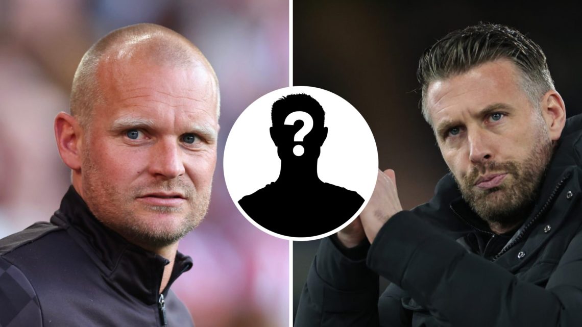 Liam Manning watches Bristol City in Championship, Rob Edwards applauds Luton Town fans. Overlaid, a mystery player