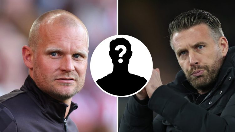 Liam Manning watches Bristol City in Championship, Rob Edwards applauds Luton Town fans. Overlaid, a mystery player