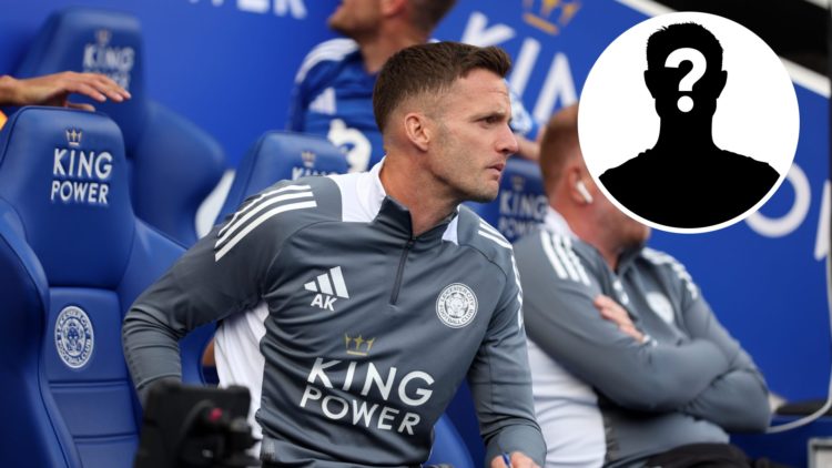 Leicester City coach Andy King takes his seat during the Premier League match against Ipswich Town, an inset of a mystery man