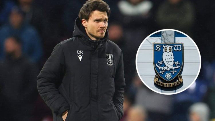 Danny Rohl during Burnley FC v Sheffield Wednesday FC - Sky Bet Championship. Inset, Sheffield Wednesday club badge