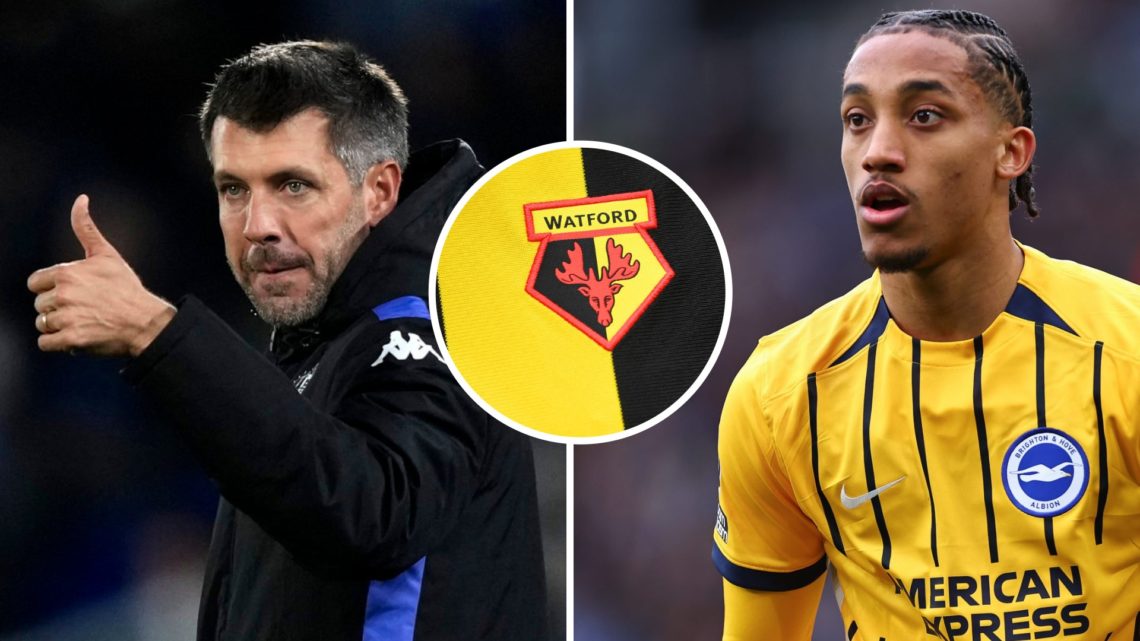 New Watford FC manager Paulo Pezzolano, and Brighton & Hove Albion FC forward Joao Pedro. Overlaid, the Watford FC badge