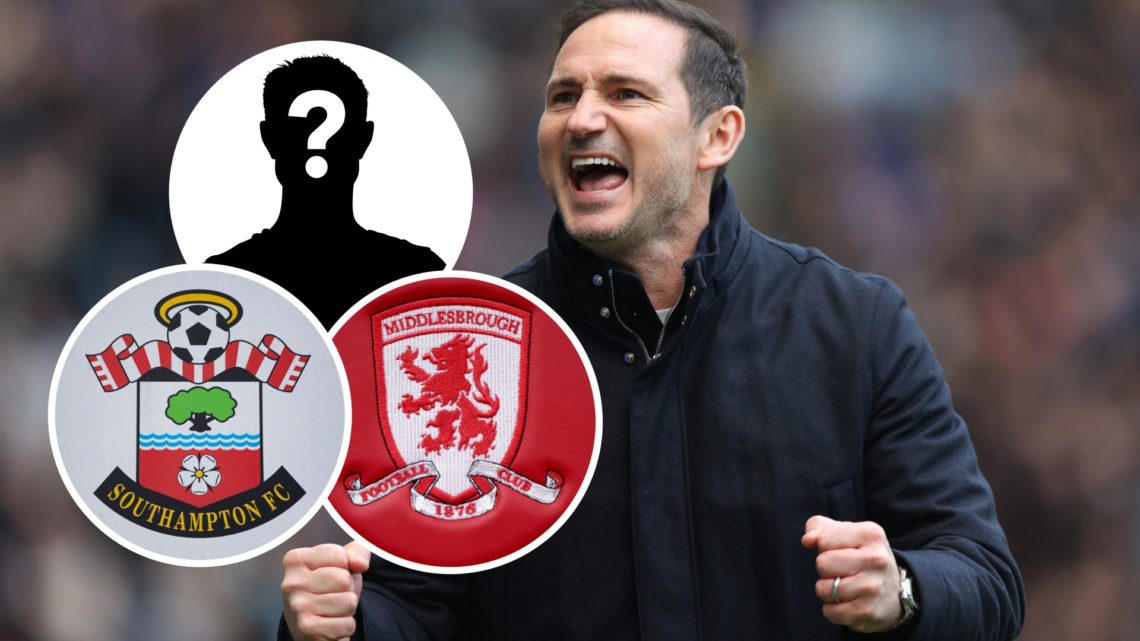 Coventry City manager Frank Lampard reacts during a Championship game. Overlaid, the Southampton FC and Middlesbrough FC badges, and a mystery player
