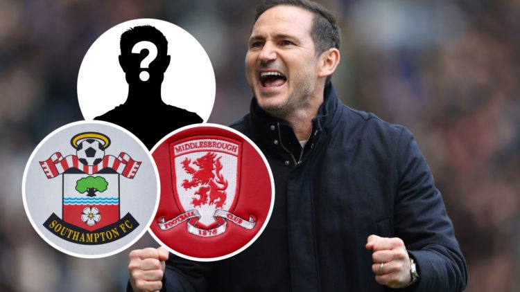 Coventry City manager Frank Lampard reacts during a Championship game. Overlaid, the Southampton FC and Middlesbrough FC badges, and a mystery player