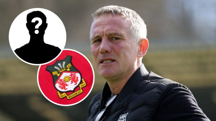 Wrexham FC manager Phil Parkinson reacts during a League One game. Overlaid, the Wrexham FC badge and a mystery player