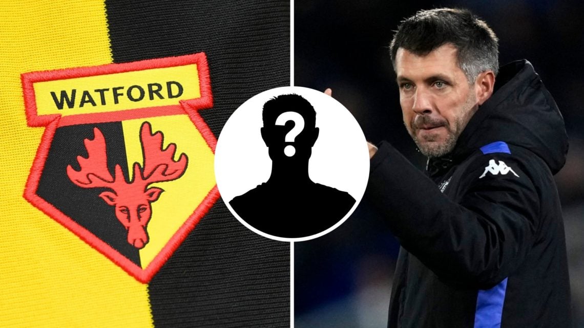 Watford FC badge and Watford manager Paulo Pezzolano. Overlaid, a mystery player