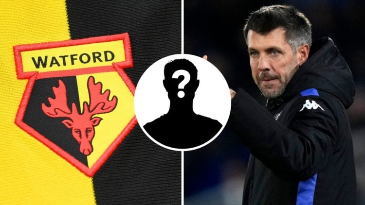 Watford FC badge and Watford manager Paulo Pezzolano. Overlaid, a mystery player