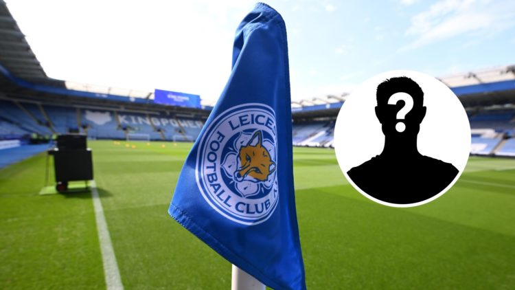 A detailed view of the Leicester City badge on a corner flag. Inset, Mystery player