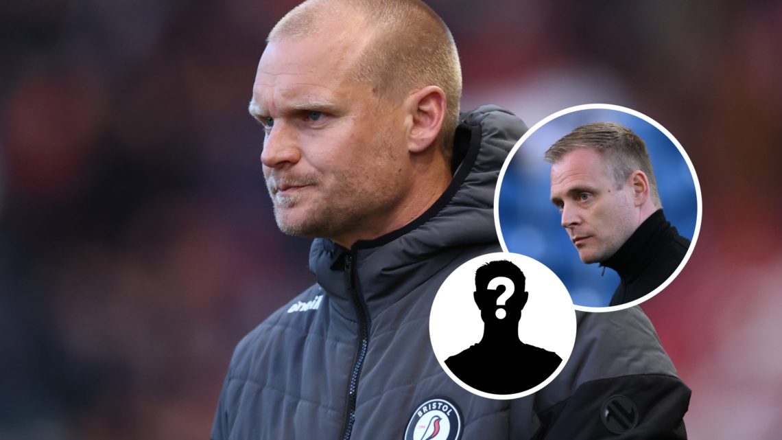 Former Bristol City manager Liam Manning. Inset, Johannes Hoff Thorup and mystery player graphic.