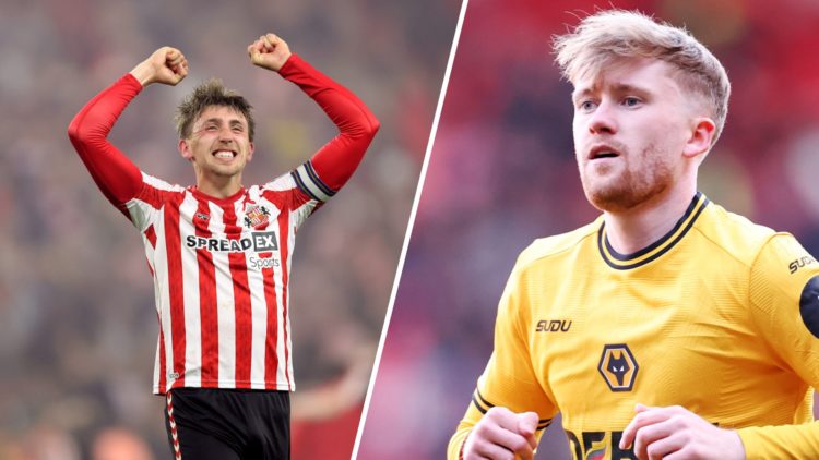 A split image of Sunderland's Dan Neil and Wolves midfielder Tommy Doyle