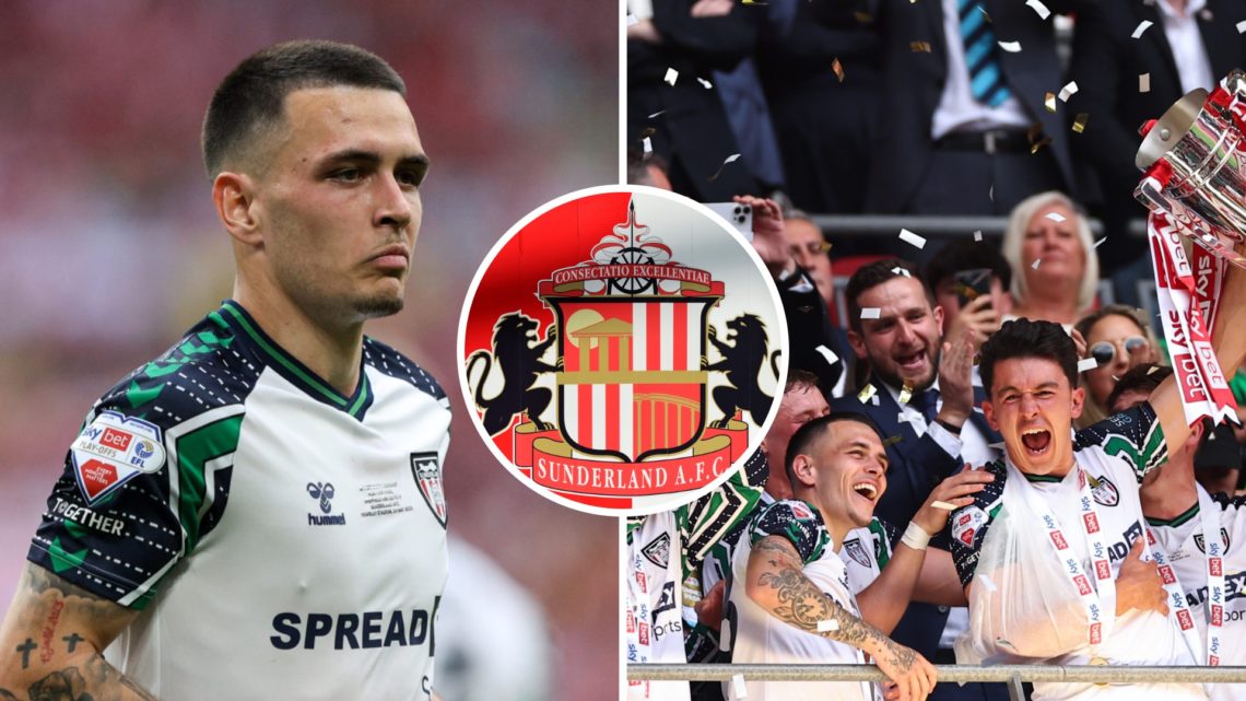 Sunderland midfielder Enzo Le Fee, Sunderland defender Luke O'Nien lifting the play-off final trophy next to Enzo Le Fee, and inset, Sunderland AFC...