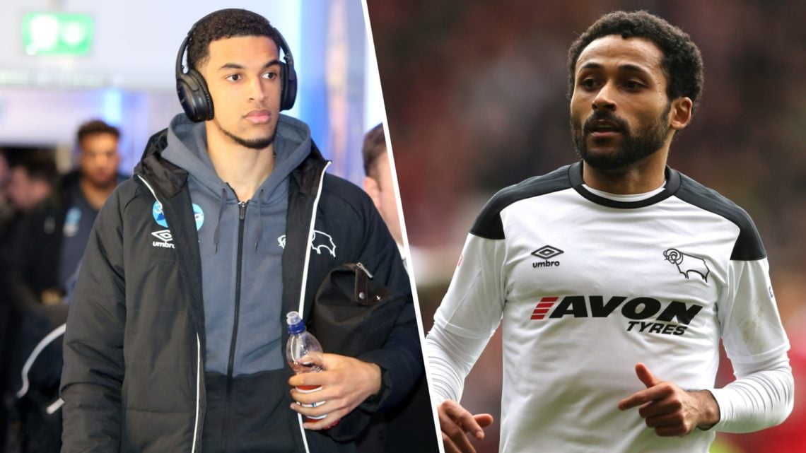 Nick Blackman, Derby County, arrives wearing his headphones (L), Ikechi Anya, Derby County, playing against Nottingham Forest (R)
