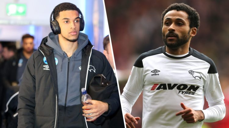 Nick Blackman, Derby County, arrives wearing his headphones (L), Ikechi Anya, Derby County, playing against Nottingham Forest (R)