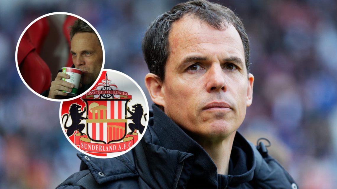 Sunderland head coach Regis Le Bris, Sunderland Sporting Director Kristjaan Speakman and Sunderland badge