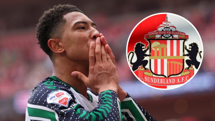 Sunderland star Jobe Bellingham. Inset, Sunderland badge.