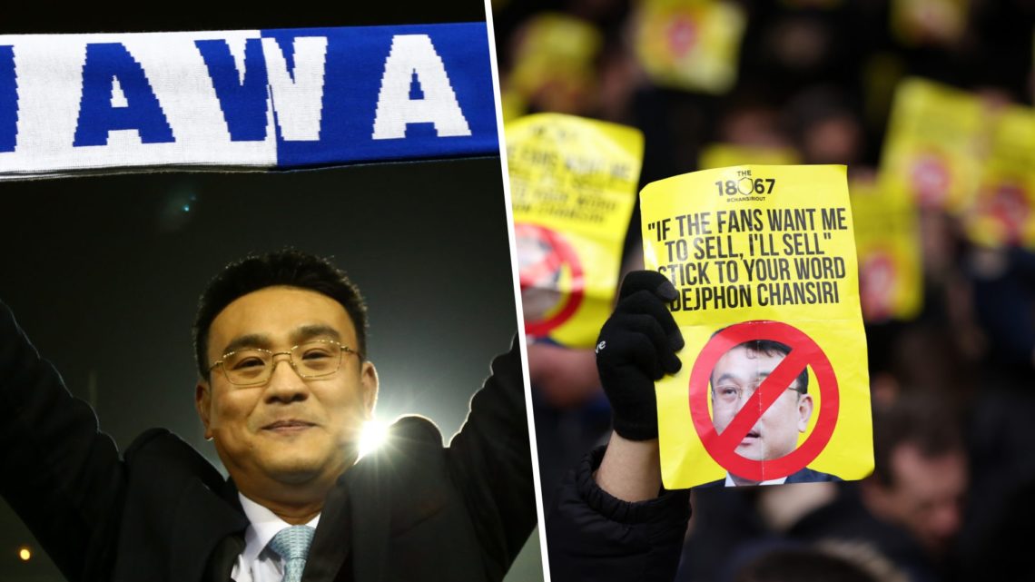 Split image of Dejphon Chansiri and Sheffield Wednesday fans protesting his ownership.