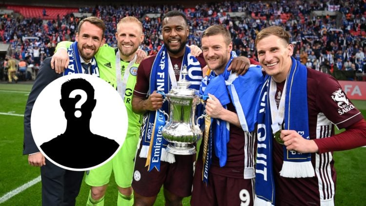 Marc Albrighton poses with his Leicester City teammates after winning the FA Cup in 2021, an inset of a mystery man