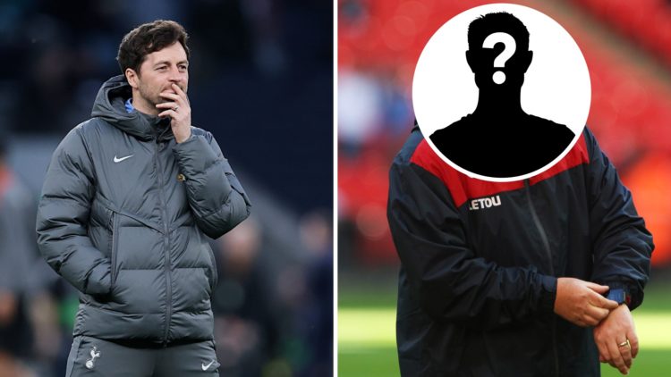 Ryan Mason watches on from the touchline during his role as Spurs assistant manager, Nigel Gibbs working as an assistant coach for Swansea City, in...