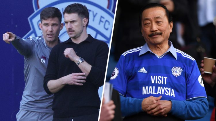 Tom Hutton, Coach of Cardiff City, speaks with Aaron Ramsey, Interim Manager of Cardiff City, during the Sky Bet Championship match between Cardiff...