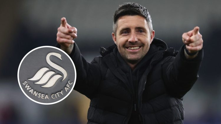Swansea City head coach Alan Sheehan celebrates after victory in the Championship, and inset, Swansea City FC badge