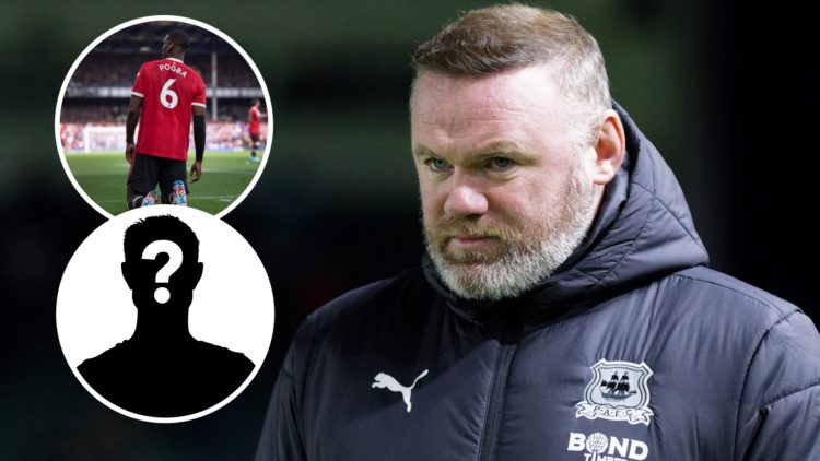 An image of Wayne Rooney with an inset of Paul Pogba and a mystery player