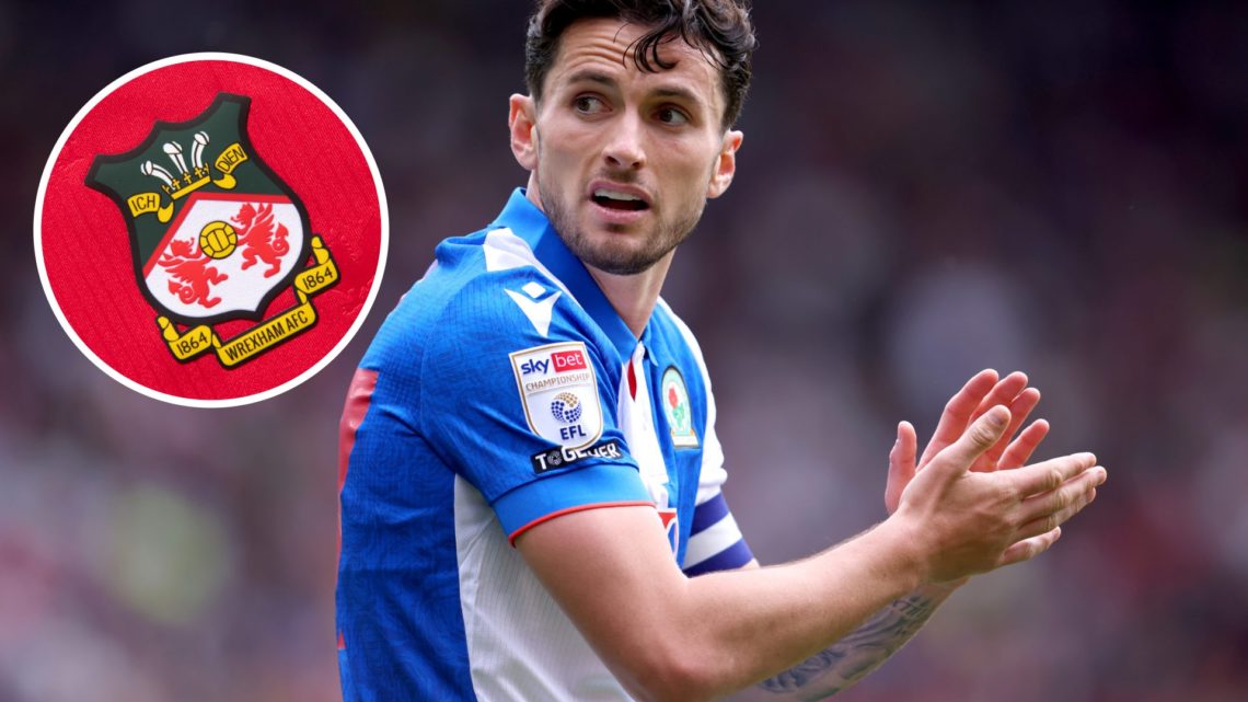 Blackburn Rovers captain Lewis Travis reacts during a Championship match, and inset, Wrexham FC badge