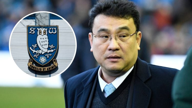 Sheffield Wednesday owner Dejphon Chansiri looks on during a Championship match, and inset, Sheffield Wednesday badge