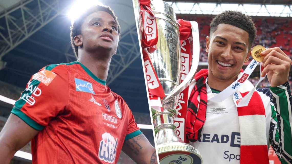 Demarai Gray of Al Ettifaq prior the Saudi Pro League match between Al-Ittihad and Al-Ettifaq. Jobe Bellingham of Sunderland with the trophy and hi...
