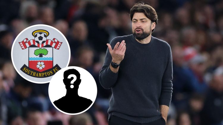 Former Southampton manager Russell Martin. Inset, Southampton badge and mystery player graphic.