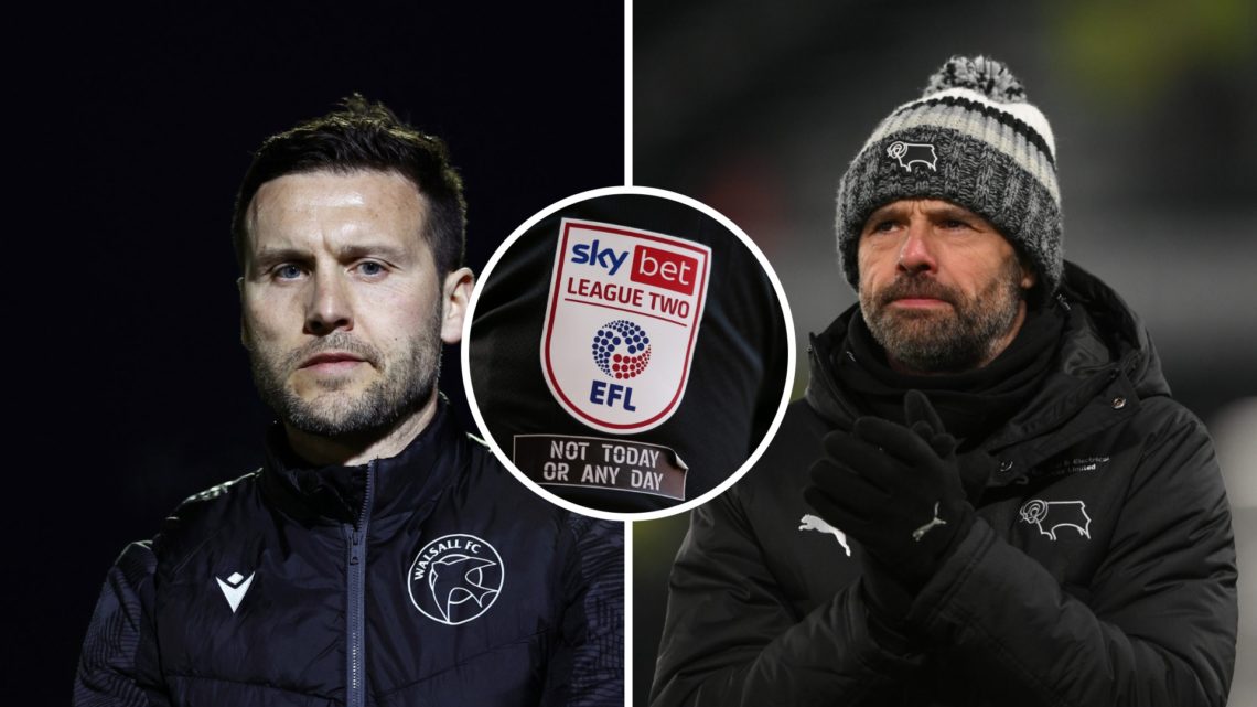Mat Sadler watches his Walsall side from the sidelines, an inset of the League Two badge, Paul Warne applauds the fans as manager of Derby County