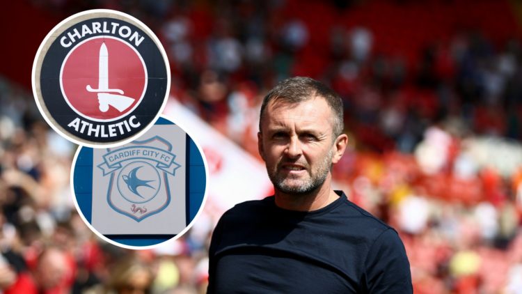 Nathan Jones watches his Charlton Athletic side from the sidelines, inset of a detailed view of the Cardiff City badge, inset of a detailed view of...