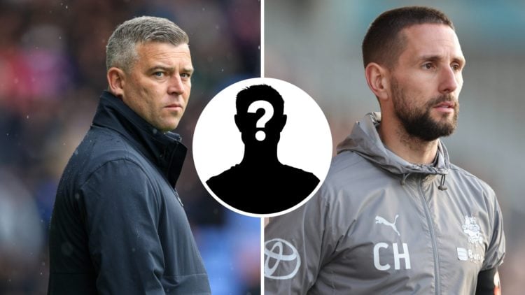 Split image of Bolton manager Steven Schumacher and Barnsley manager Conor Hourihane. Inset, mystery player graphic.