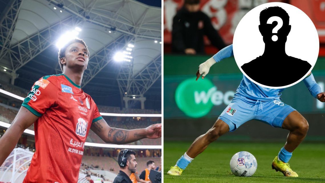 Demarai Gray before Al Ettifaq's Saudi Pro League game, an inset of a mystery man, Sontje Hansen controls the ball in the Conference League play-off