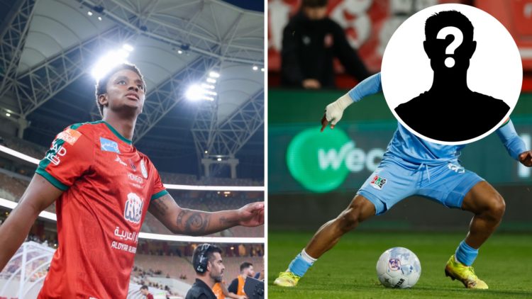 Demarai Gray before Al Ettifaq's Saudi Pro League game, an inset of a mystery man, Sontje Hansen controls the ball in the Conference League play-off
