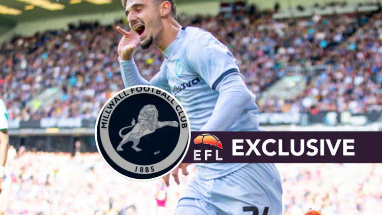 Millwall player Mihailo Ivanovic, Millwall badge and EFL Analysis exclusive banner