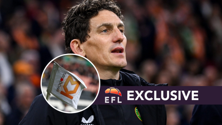 Republic of Ireland coach Keith Andrews before a EURO 2024 Championship qualifying match, and inset, Milton Keynes Dons flag and EFL Analysis exclu...