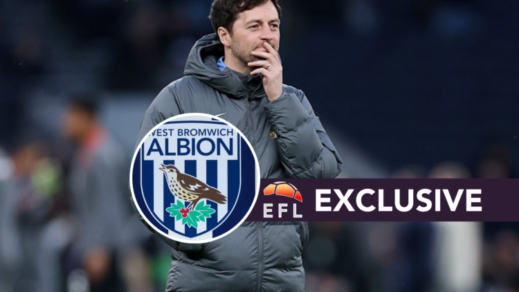 West Bromwich Albion manager Ryan Mason watches on during his time as Tottenham Hotspur coach, with West Bromwich Albion badge and EFL Analysis exc...