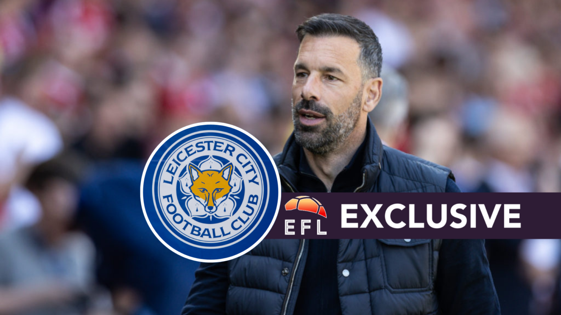 Leicester City manager Ruud Van Nistelrooy on the touchline during the 2024/25 Premier League season, and inset, Leicester City FC badge and EFL An...