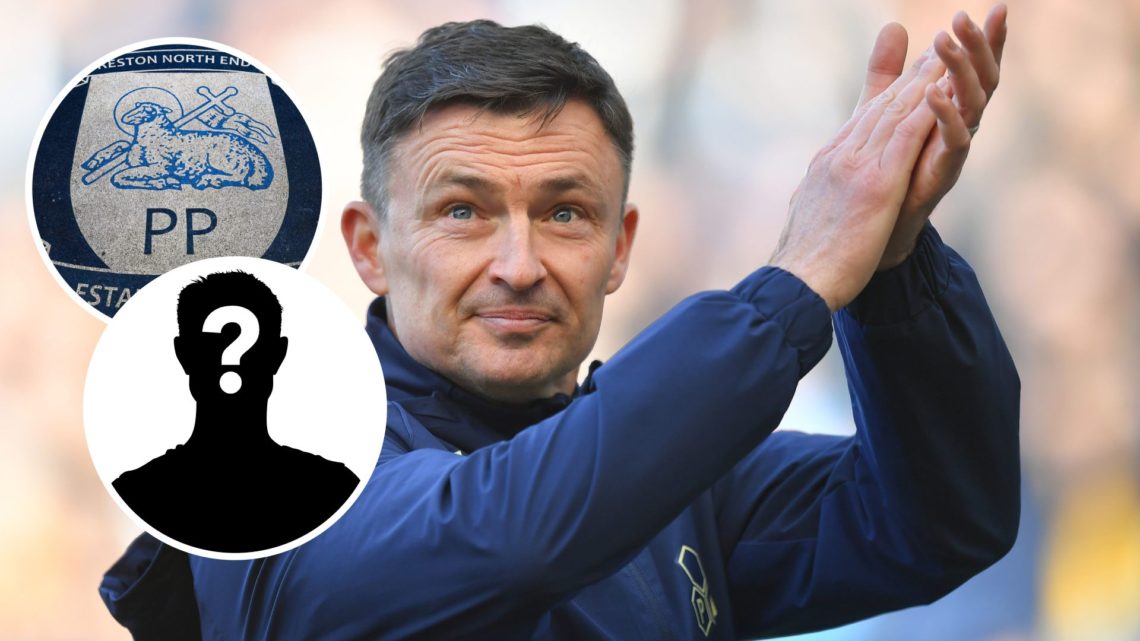 Preston North End manager Paul Heckingbottom celebrates after a Championship game, with Preston North End badge and mystery player