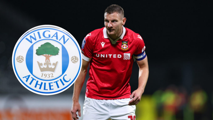Paul Mullin of Wrexham during the Bristol Street Motors Trophy match between Wrexham and Wolverhampton Wanderers U21. Inset, The club crest of Wiga...