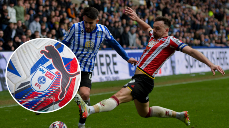 Sheffield United's Jack Robinson tackles Sheffield Wednesday's Pol Valentin during the Sky Bet Championship match between Sheffield Wednesday and S...