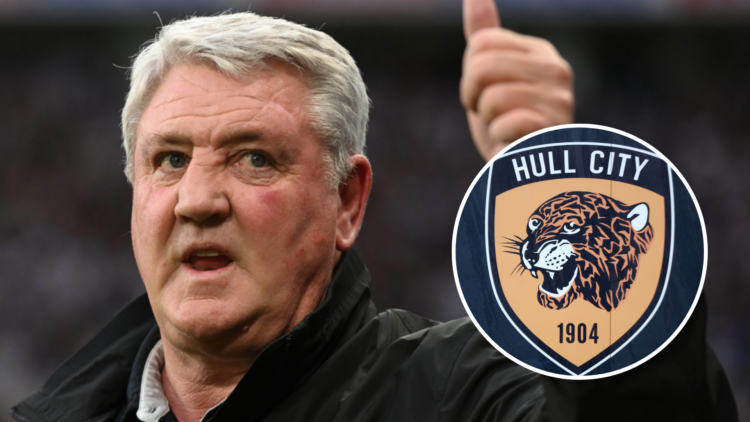 Newcastle manager Steve Bruce gives the thumbs up to the crowd prior to the Premier League match. A general view of the Hull City badge is seen bef...