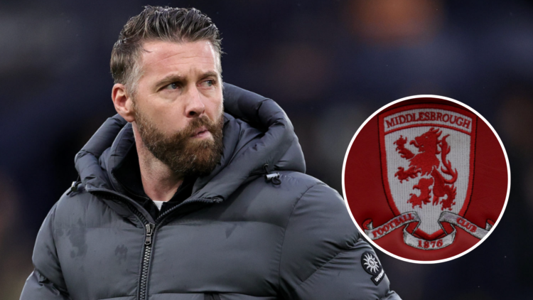 Rob Edwards Middlesbrough manager looks on during game. Middlesbrough badge on seat in dugout.