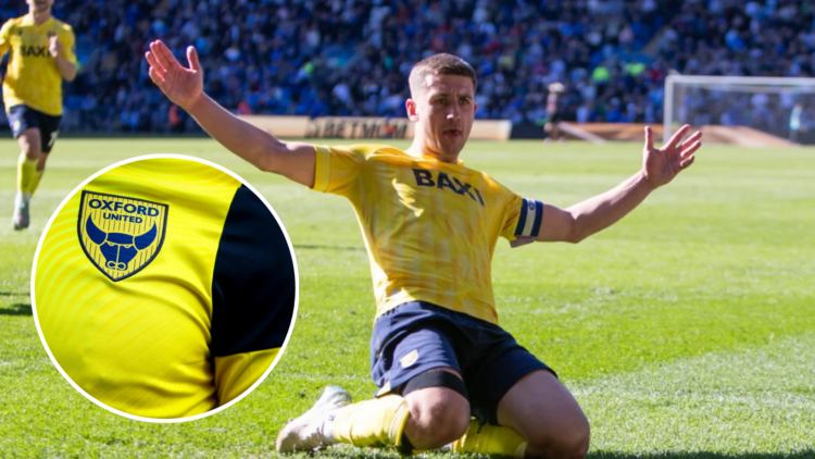 Cameron Brannagan of Oxford United celebrates scoring during the Sky Bet Championship match between Cardiff City and Oxford United. Inset, A detail...